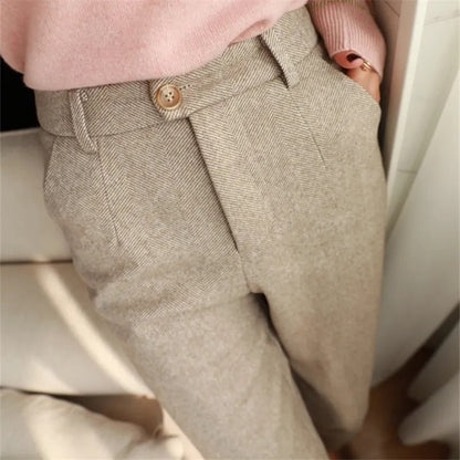 Woolen Pants Women's Harem Pencil Pants 2023 Autumn Winter High Waisted Casual Suit Pants Office Lady Women Trousers