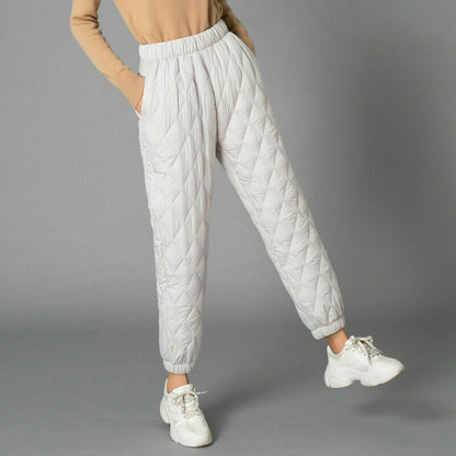 Women Winter Warm Down Cotton Pants Padded Quilted Trousers Elastic Waist Casual Trousers