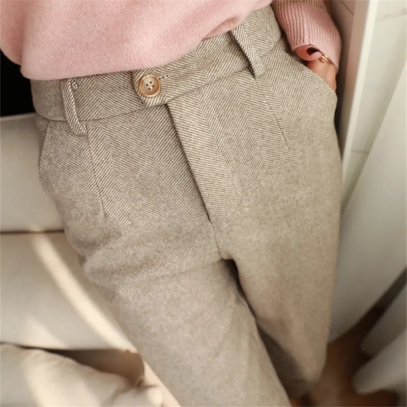 Woolen Pants Women's Harem Pencil Pants 2023 Autumn Winter High Waisted Casual Suit Pants Office Lady Women Trousers