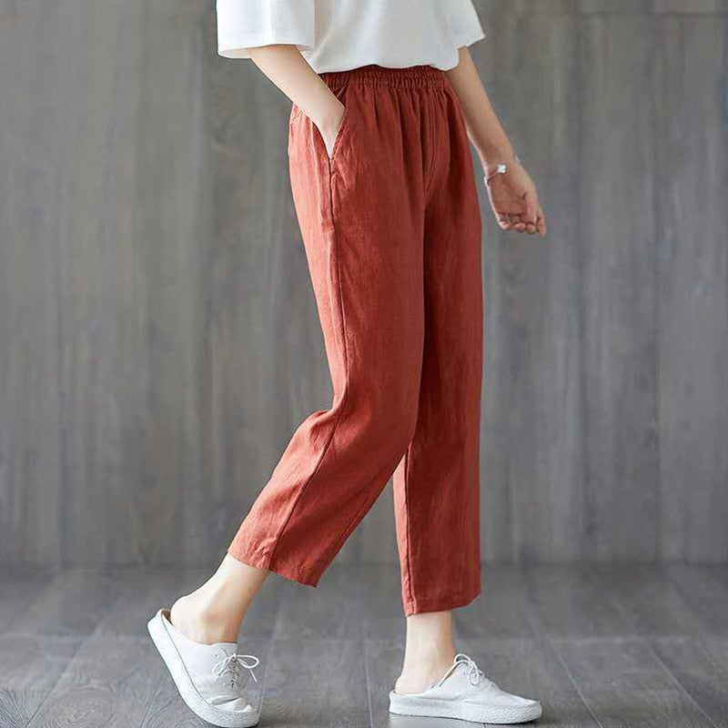 Women's Harem Pants Summer Cotton Linen Capri Pants Breathable Ankle-length Trousers Casual Retro Loose Mom Pant Solid Pockets