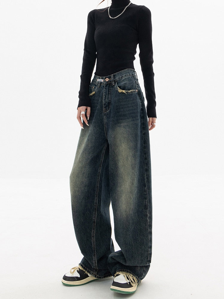 High Waist Women's Jeans Harajuku Vintage BF Style Streetwear All-match Loose Fashion Femme Wide Leg Denim Trousers