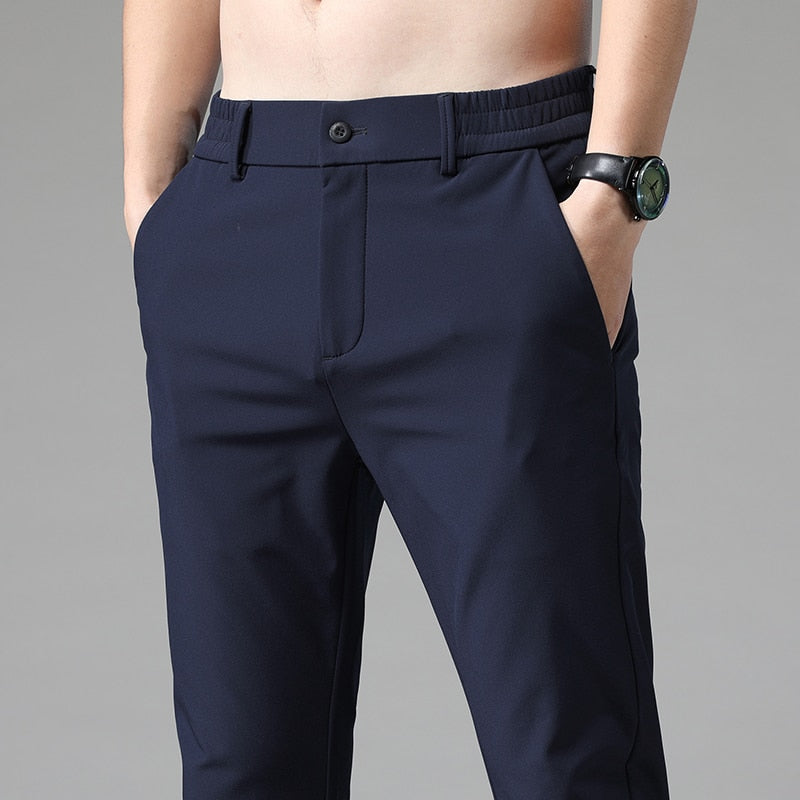 Summer Men's Casual Pants Thin Business Stretch Slim Fit Elastic Waist Jogger Korean Classic Blue Black Gray Brand Trousers Male