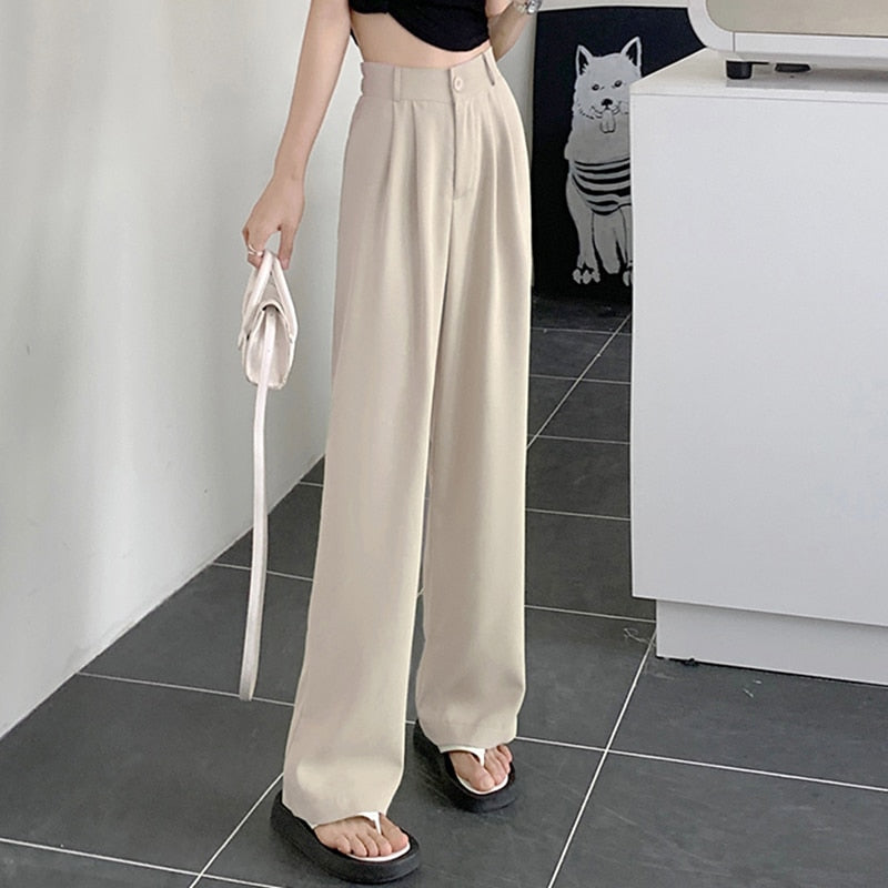 New Straight Wide Leg Women's Pants Korean Style High Waist Pants for Women Solid Color Loose Suit Trousers Female