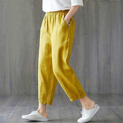 Women's Harem Pants Summer Cotton Linen Capri Pants Breathable Ankle-length Trousers Casual Retro Loose Mom Pant Solid Pockets