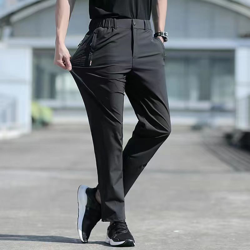 Large Size Men Summer Pants Big Size Ice Silk Stretch Breathable Straight Leg Pants 6XL Quick Dry Elastic Band Black Trousers